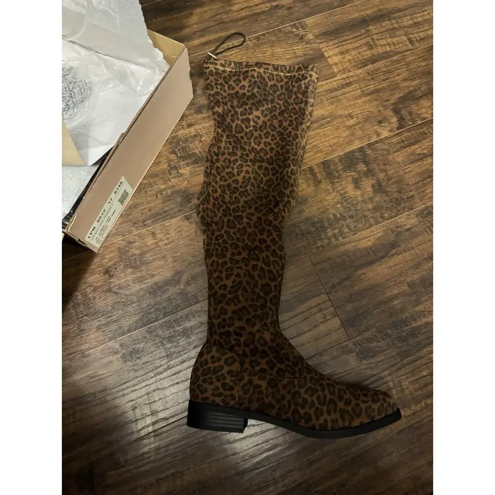 JF JustFab Boots Womens Reena Over the Knee Riding Leopard Brown Fabric Zip Sz:8